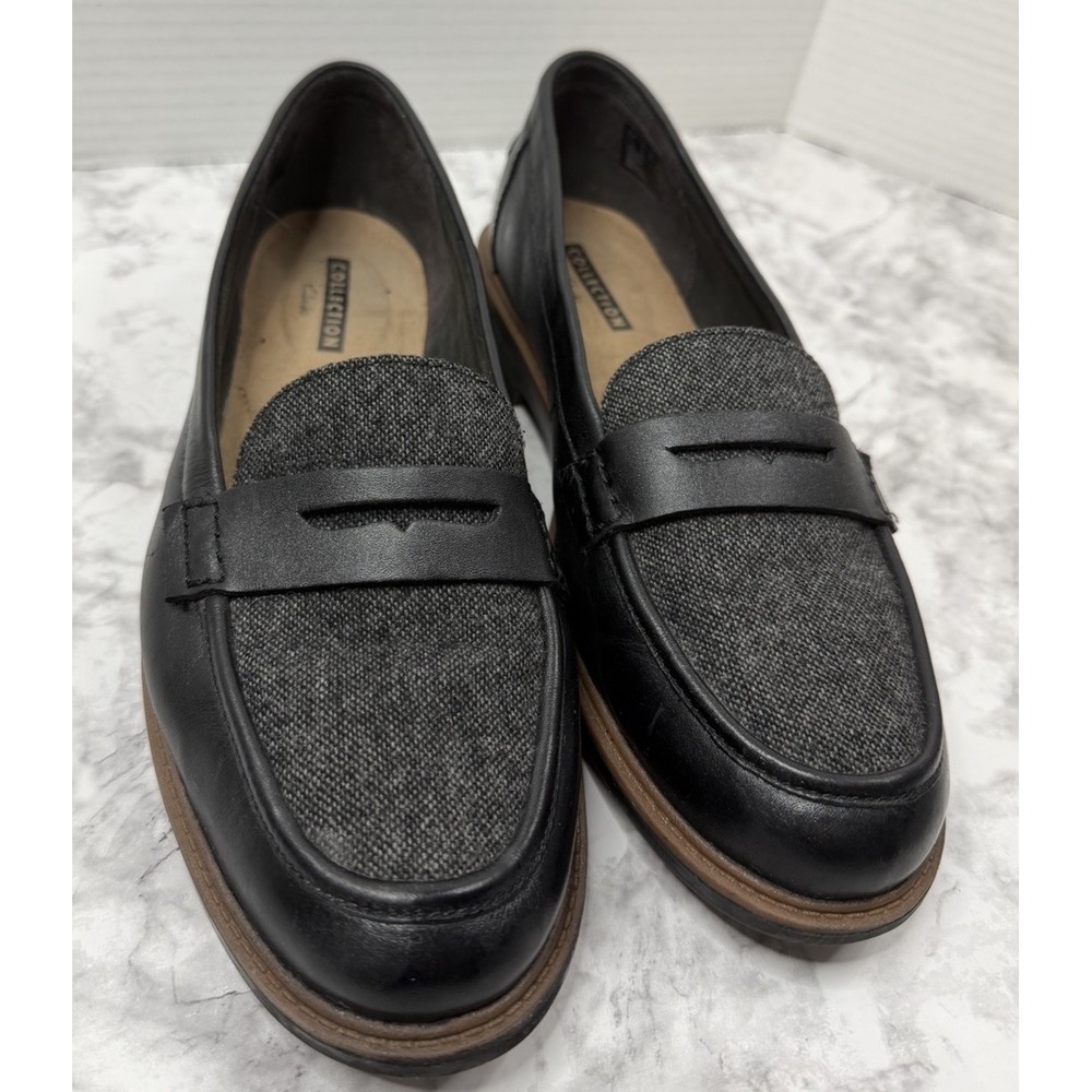 Clarks Raisie Eletta Women's 10M Black & Gray Tweed Combi Leather Penny Loafers. - Picture 9 of 10